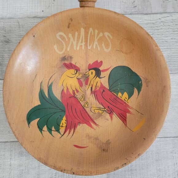 Vintage Wooden Snack Tray With Rooster Print & Hanging Handle Made In Japan - Picture 5 of 7
